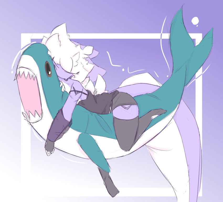 4_fingers ambiguous_gender anthro black_eyes blahaj clothing countershading domestic_cat felid feline felis fingers fish fur hi_res hugging_plushie ikea legwear mammal marine purple_body purple_fur shark sleeping slim_ambiguous slim_anthro solo theeiis thigh_highs white_body white_countershading white_fur