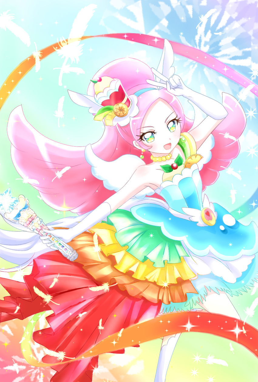 1girl animal_ears arm_up bare_shoulders berry boots choker commentary_request cure_parfait dress earrings elbow_gloves food food-themed_hair_ornament fruit gloves hair_ornament headband highres holding holding_wand horse_ears jewelry kirakira_precure_a_la_mode kiwi_(fruit) leaf lemon long_hair open_mouth orange_(fruit) parfait pearl_choker pearl_earrings pink_hair ponytail precure solo strapless strapless_dress tail turquoise_dress user_uhjn2434 v wand white_footwear white_gloves white_tail white_wings wings