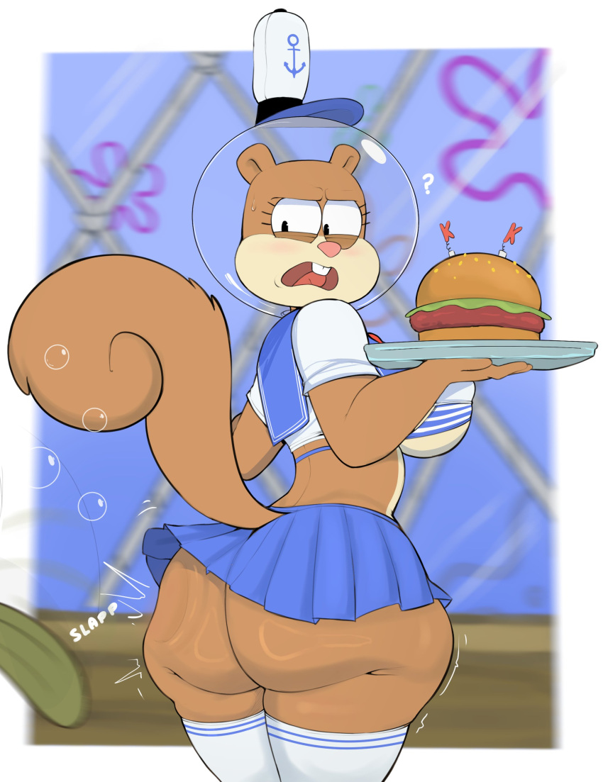 absurd_res ambiguous_gender anthro big_breasts big_butt bottomless breasts brown_body brown_fur butt butt_slap clothed clothing duo female food fur hi_res huge_breasts huge_butt looking_back mammal multicolored_body multicolored_fur nickelodeon open_mouth rodent sandy_cheeks sciurid slap spongebob_squarepants tan_body tan_fur tree_squirrel two_tone_body two_tone_fur usnarbit