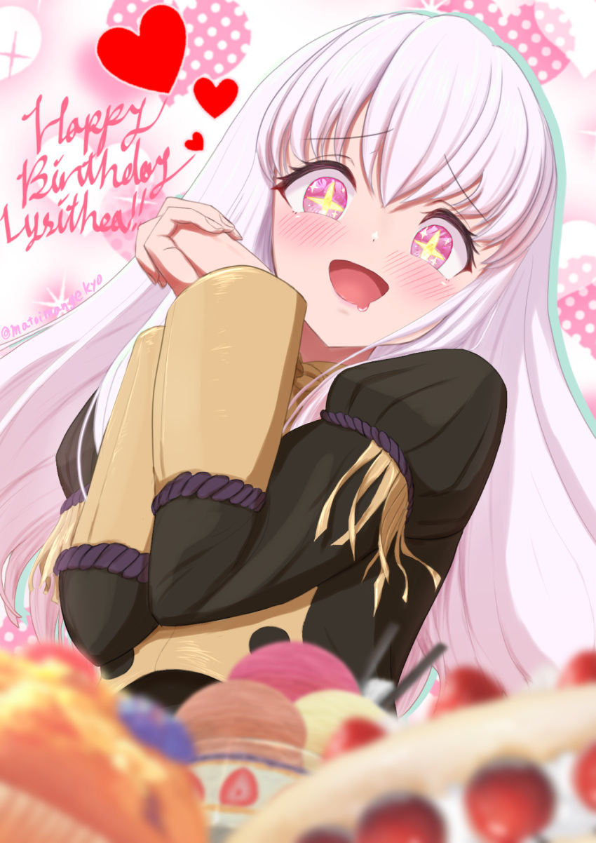 +_+ 1girl blush cake candy english_text fire_emblem fire_emblem:_three_houses food garreg_mach_monastery_uniform happy_birthday heart highres interlocked_fingers juliet_sleeves long_hair long_sleeves lysithea_von_ordelia matoimangekyo own_hands_together pink_eyes puffy_sleeves smile solo symbol-shaped_pupils uniform white_hair