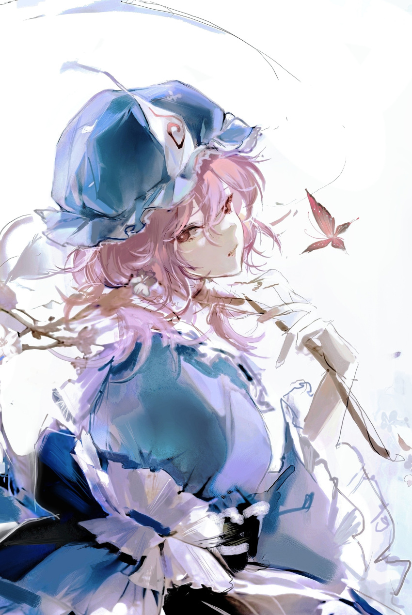 1girl absurdres blue_dress blue_headwear branch bright_pupils bug butterfly cherry_blossoms closed_mouth dress frilled_dress frills gu_yue_yuan hair_between_eyes hand_up hat highres holding holding_branch looking_at_viewer mob_cap painterly pink_hair red_eyes saigyouji_yuyuko short_hair solo touhou upper_body white_background white_pupils