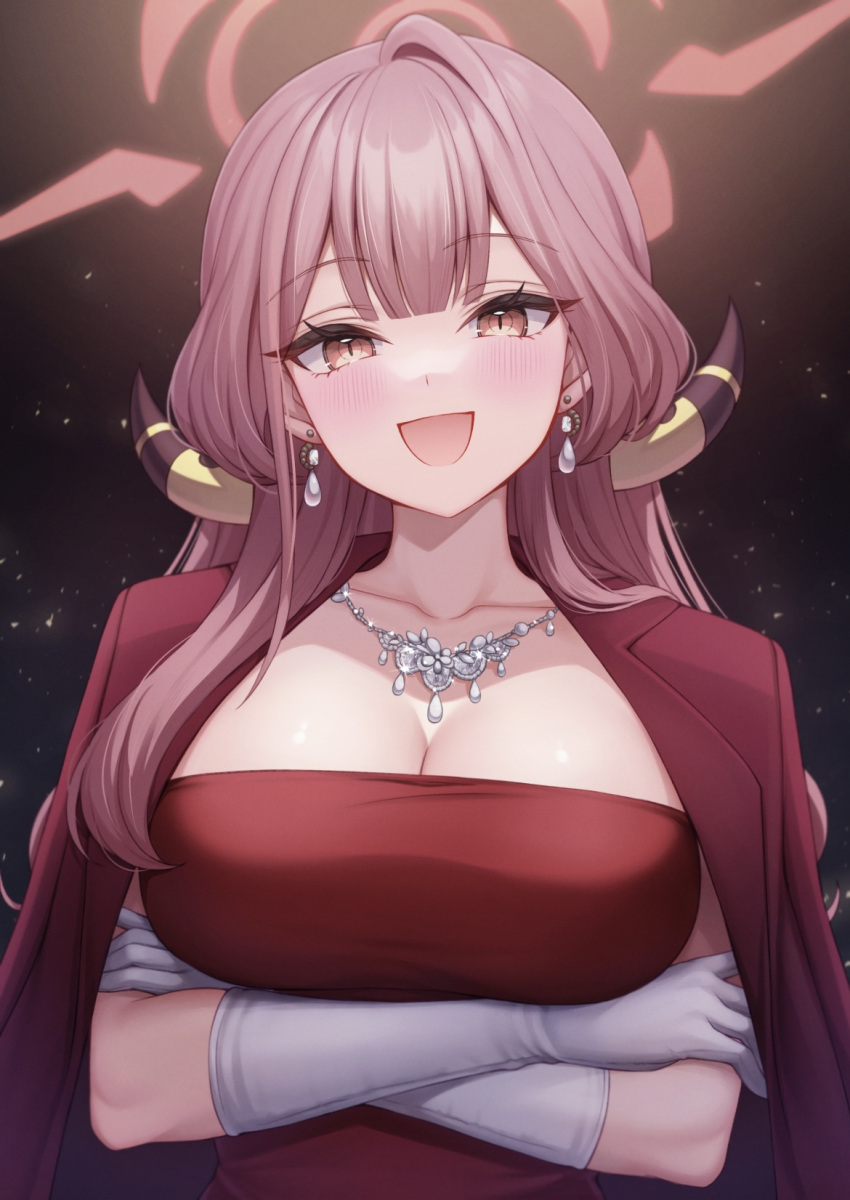 1girl arms_under_breasts aru_(blue_archive) aru_(dress)_(blue_archive) blue_archive blush breasts cleavage coat coat_on_shoulders collarbone commentary crossed_arms demon_horns dress gloves halo highres horns jewelry large_breasts light_particles looking_at_viewer necklace pink_hair red_coat red_dress smile solo upper_body white_gloves yonai34