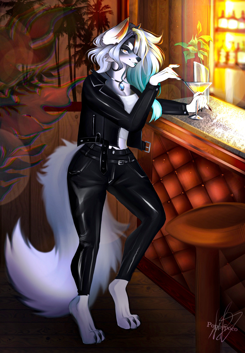 alcohol bar beverage blue_lips bottomwear breasts canid canine canis casual_outfit cleavage clothed clothing domestic_dog female fur grey_body grey_fur hi_res jacket jewelry kerris_doka leather leather_bottomwear leather_clothing leather_jacket leather_pants leather_topwear lips mammal mature_female necklace pants paws poppypoco solo teasing topwear yellow_eyes