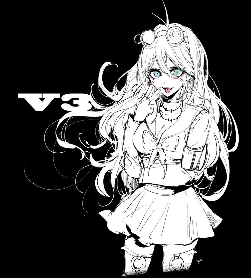 1girl ahoge barbed_wire blue_eyes breasts choker cleavage danganronpa fingerless_gloves garter gloves goggles goggles_on_head iruma_miu long_hair new_danganronpa_v3 pink_shirt ribbon school_uniform shirt skirt solo tongue tongue_out uniform yokoyari_mengo