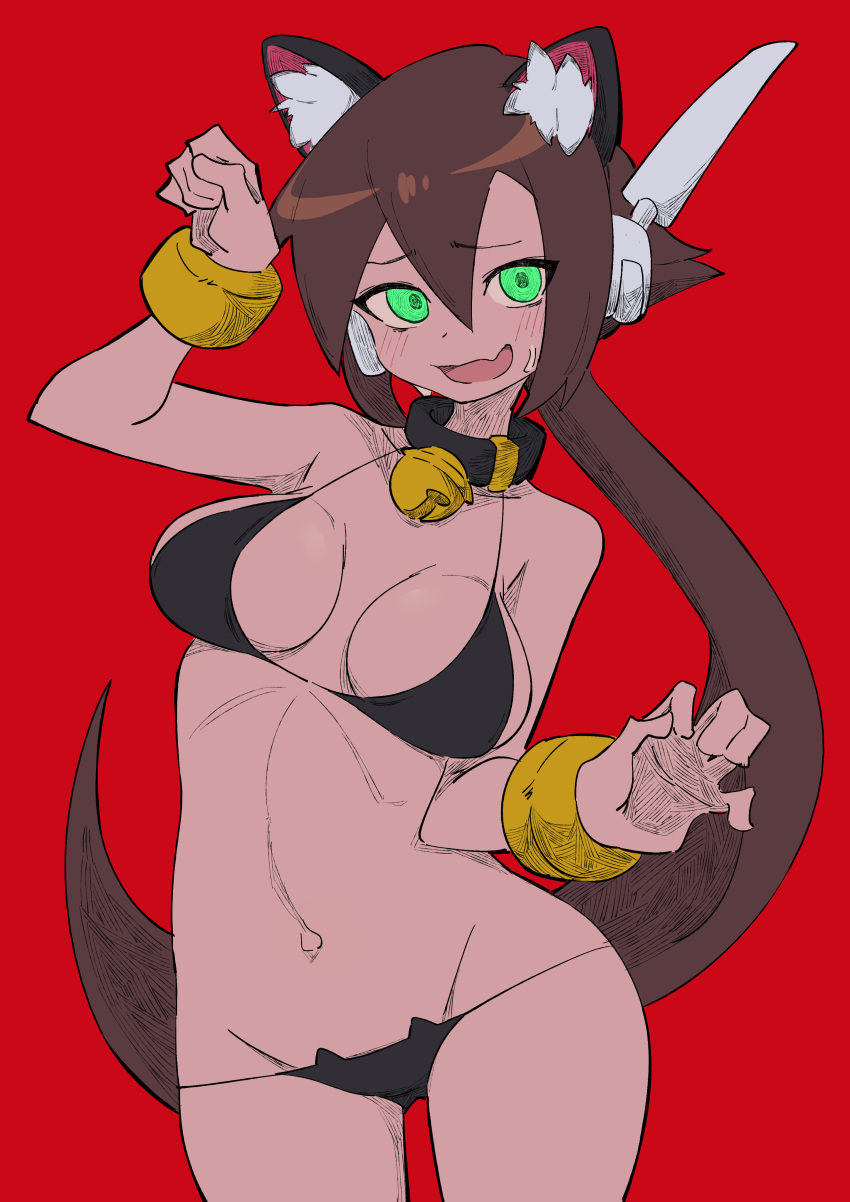 1girl absurdres aile_(mega_man_zx) animal_ears bell bikini black_bikini black_collar blush breasts brown_hair buzzlyears cat_ears collar collarbone fang green_eyes highres large_breasts long_hair mega_man_(series) mega_man_zx mega_man_zx_advent navel neck_bell nervous paw_pose ponytail red_background revealing_clothes robot_ears simple_background skin_fang solo swimsuit