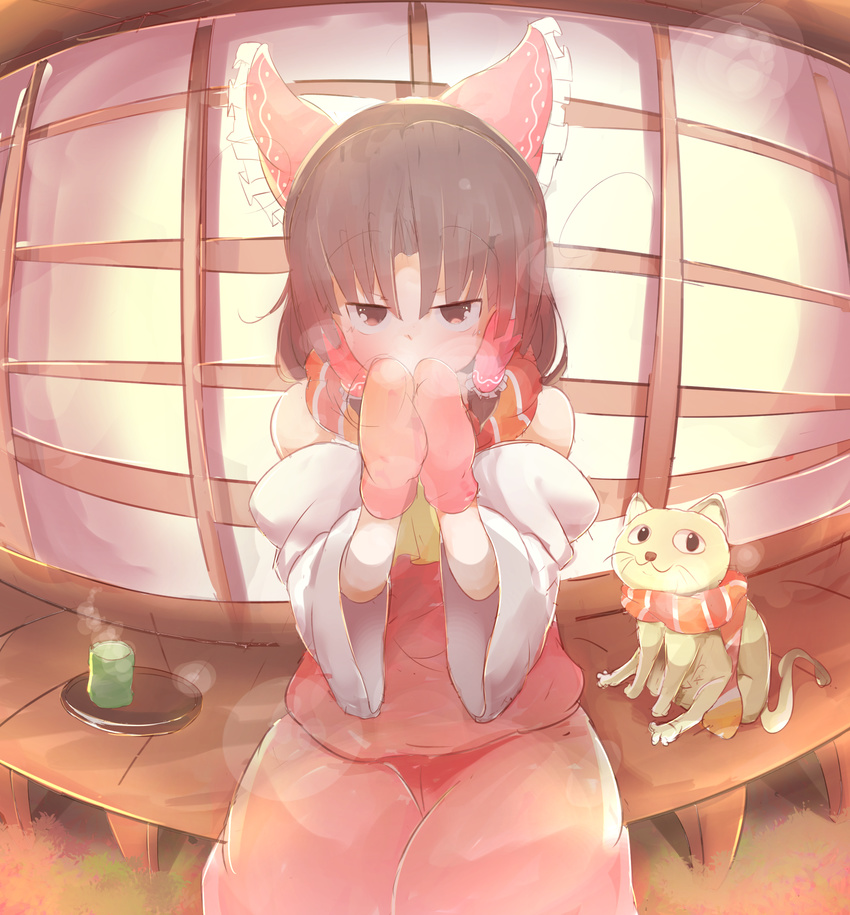 absurdres akabeco benikurage bow brown_eyes brown_hair cat cookie_(touhou) detached_sleeves eyebrows_visible_through_hair hair_bow hair_tubes hakurei_reimu highres looking_at_viewer mittens miura_cat outdoors plate red_bow scarf short_hair sitting tea touhou