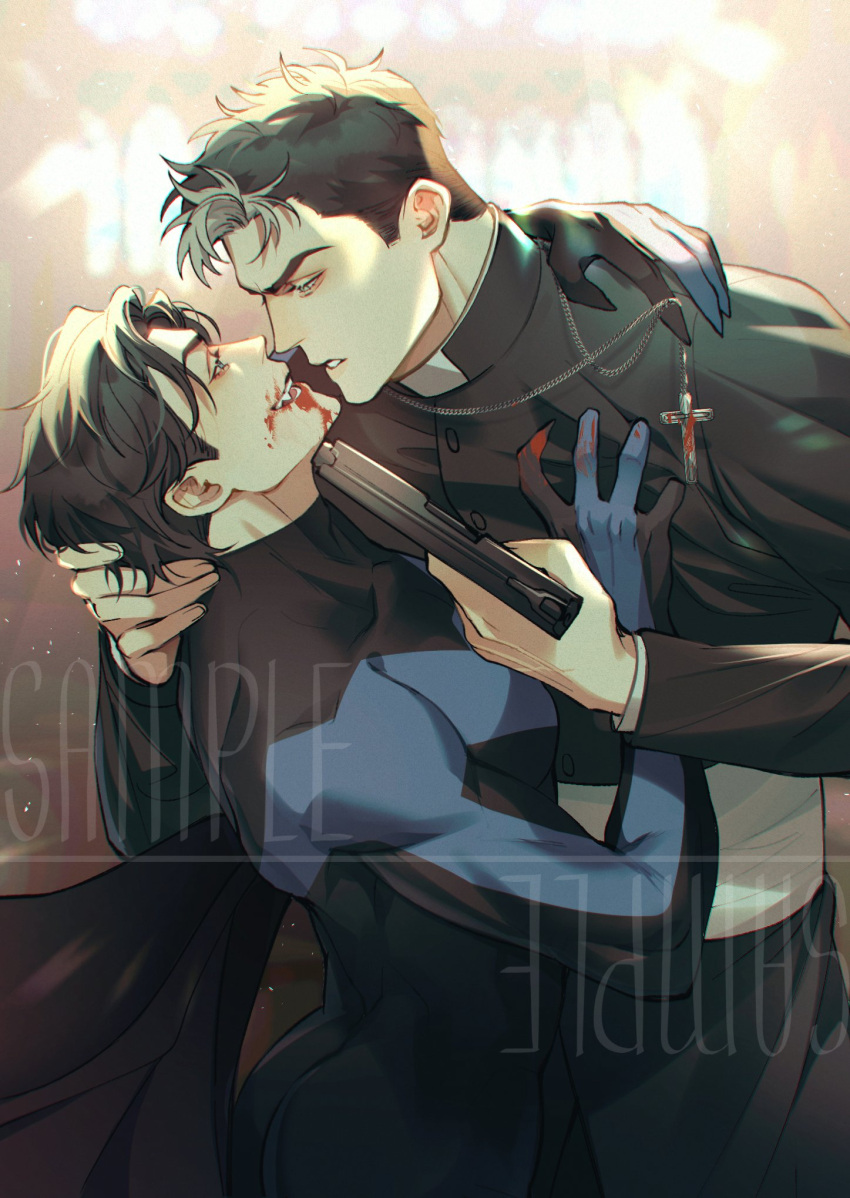 2boys ass bara batman_(series) black_bodysuit black_hair black_robe blood blood_from_mouth blue_bodysuit bodysuit brothers chengzhineixihuanxiaogou cross cross_necklace dc_comics dick_grayson gun highres holding holding_gun holding_weapon jason_todd jewelry large_pectorals looking_at_another male_focus multicolored_hair multiple_boys muscular muscular_male necklace nightwing pectorals priest robe sample_watermark short_hair siblings two-tone_bodysuit two-tone_hair vampire watermark weapon white_hair yaoi