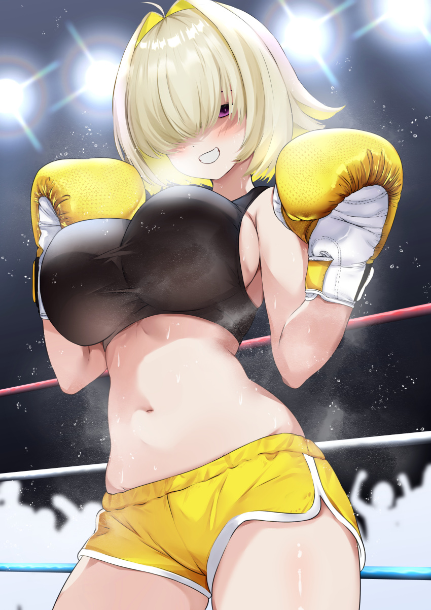 1girl absurdres ahoge alternate_costume black_sports_bra blonde_hair boxing boxing_gloves boxing_ring breasts chinese_commentary cowboy_shot crowd dolphin_shorts elegg_(nikke) gloves goddess_of_victory:_nikke grin hair_intakes hair_over_eyes highres large_breasts long_bangs looking_at_viewer navel purple_eyes short_hair short_shorts shorts sideboob smile solo sports_bra stage_lights standing steaming_body stomach sweat xiahou_qiulan yellow_gloves yellow_shorts