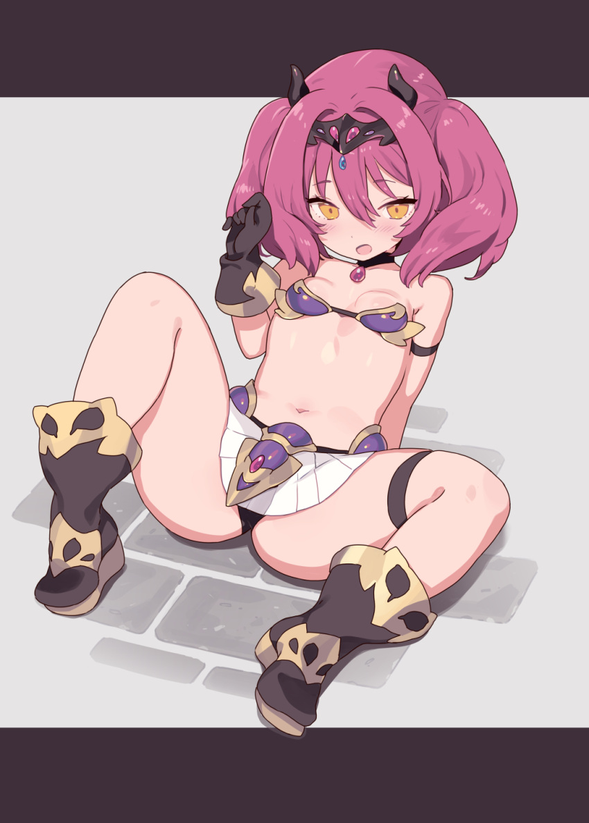 1girl armor bikini bikini_armor black_horns blade_(galaxist) blush breasts demon_girl demon_horns full_body highres horns open_mouth original paid_reward_available pink_hair purple_armor purple_bikini sitting small_breasts solo spread_legs swimsuit thick_thighs thighs twintails yellow_eyes