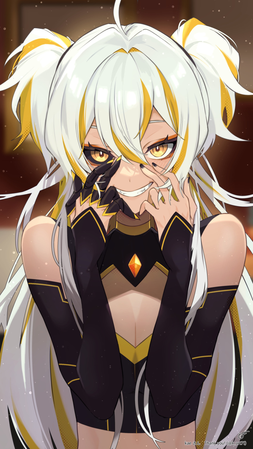 1girl ahoge black_nails black_sclera black_shirt black_sleeves blonde_hair breasts claws cleavage cleavage_cutout clothing_cutout colored_sclera commission crop_top flat_chest hair_between_eyes hands_on_own_face highres indie_virtual_youtuber k_(art71) kaeveo_(vtuber) long_hair mismatched_sclera multicolored_hair shirt shoulder_cutout signature skeb_commission smile solo streaked_hair teeth thank_you twintails twitter_username upper_body virtual_youtuber white_hair yellow_eyes