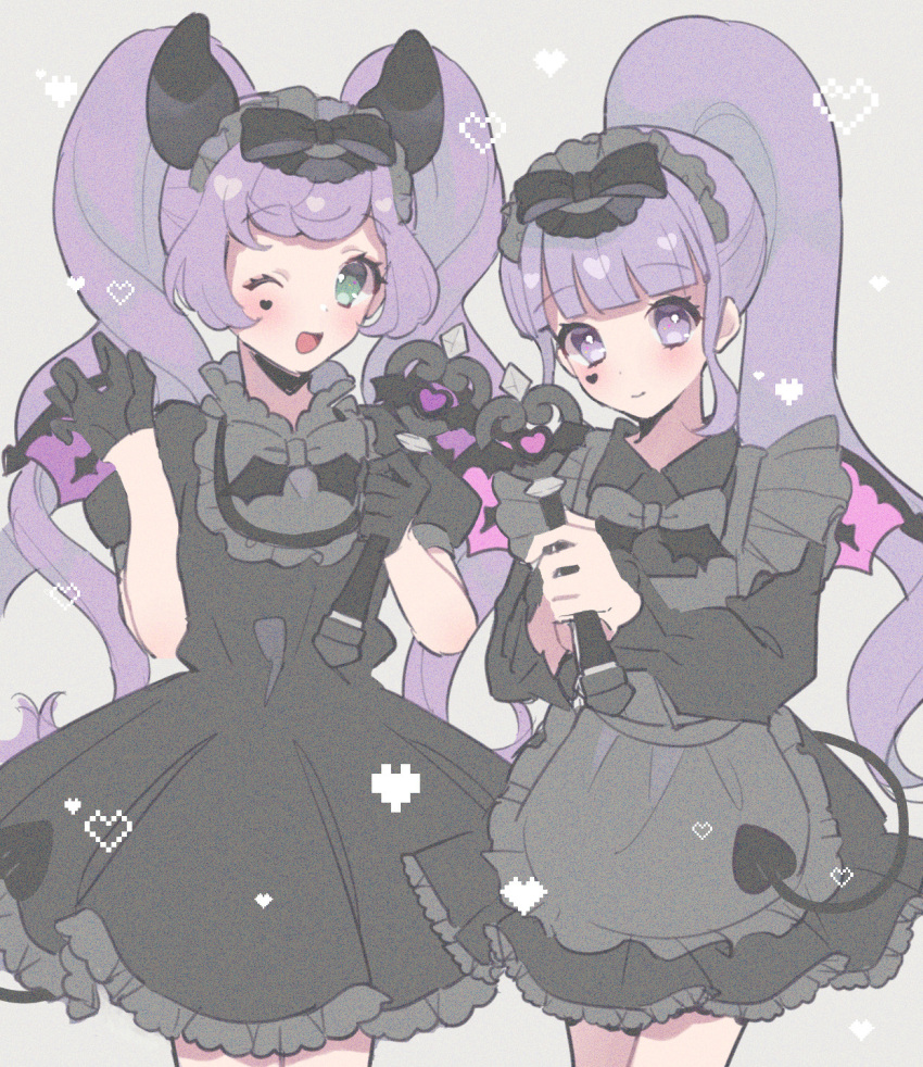 2girls ;d apron black_bow black_dress black_gloves blunt_bangs bow collared_dress cowboy_shot demon_horns demon_tail dress fake_horns frilled_dress frills gloves green_eyes grey_apron grey_background hair_bow heart highres holding holding_wand horns hoshikuzu_(pinkholic) long_hair long_sleeves looking_at_viewer maid_headdress manaka_laala manaka_non multiple_girls one_eye_closed open_mouth pixel_heart pretty_series pripara puffy_long_sleeves puffy_short_sleeves puffy_sleeves purple_eyes purple_hair short_sleeves siblings simple_background sisters smile standing tail twintails very_long_hair wand