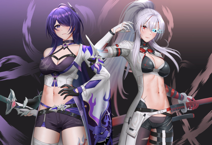 2girls absurdres acheron_(honkai:_star_rail) alpha_(punishing:_gray_raven) anoreika_tomoe belt black_belt black_choker black_shorts breasts choker cleavage coat commentary cowboy_shot crop_top gloves gradient_background grey_hair hair_over_one_eye highres holding holding_sword holding_weapon honkai:_star_rail honkai_(series) katana leg_tattoo long_hair looking_at_viewer lucia:_crimson_weave_(punishing:_gray_raven) medium_breasts midriff multiple_girls navel punishing:_gray_raven purple_background purple_eyes purple_hair red_eyes scabbard sheath sheathed short_shorts shorts single_bare_shoulder single_sleeve standing stomach sword tattoo thighs very_long_hair weapon white_coat white_gloves