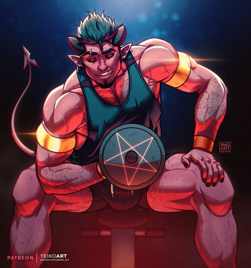1boy armlet bara black_hair black_horns black_sclera black_tank_top bulge colored_sclera colored_skin come_hither curled_horns demon_boy demon_horns demon_tail dumbbell exercise facial_hair feet_out_of_frame glint goatee gold hairy highres holding_dumbbell horns large_pectorals long_sideburns looking_at_viewer male_focus mature_male micro_shorts monster_boy muscular muscular_male nipples original pectoral_cleavage pectorals red_skin sanpaku seductive_smile short_hair shorts sideburns sitting smile solo sparse_leg_hair spread_legs sweat tail tank_top thick_arm_hair thick_chest_hair thick_eyebrows thick_thighs thighs tsurime weightlifting yeiko_art
