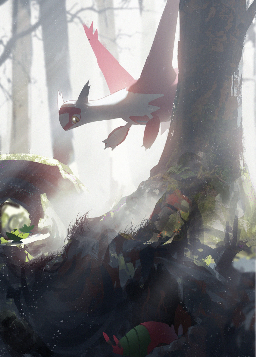 absurdres asteroid_ill day forest grass highres latias light_particles light_rays log moss nature no_humans outdoors plant pokemon pokemon_(creature) tree venipede