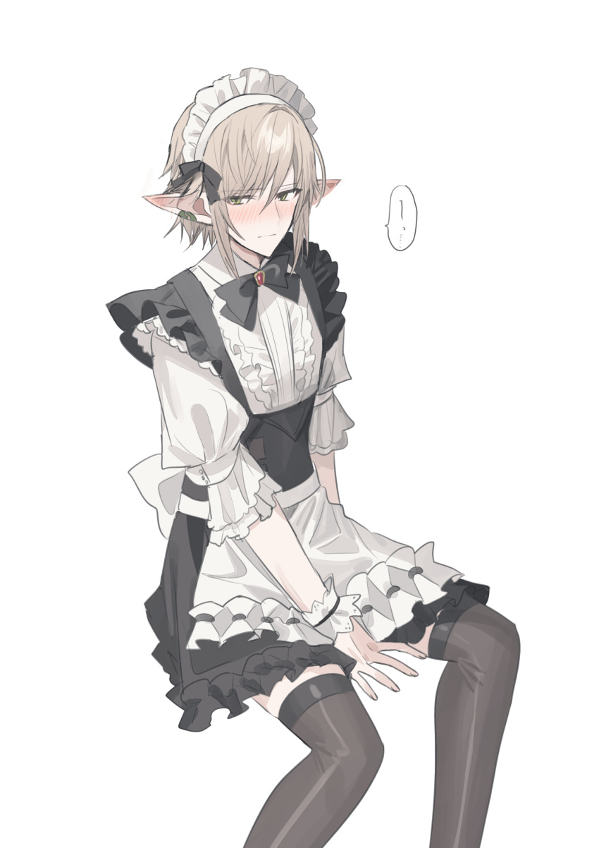 1boy alternate_costume apron between_legs black_bow black_skirt blush bow brown_hair brown_thighhighs center_frills chihuri closed_mouth collared_shirt crossdressing ear_piercing enmaided feet_out_of_frame final_fantasy final_fantasy_xiv frilled_apron frills green_eyes hair_between_eyes hand_between_legs highres maid maid_headdress male_focus nose_blush piercing pointy_ears puffy_short_sleeves puffy_sleeves shirt short_sleeves simple_background skirt solo thighhighs waist_apron white_apron white_background white_shirt zephirin_de_valhourdin