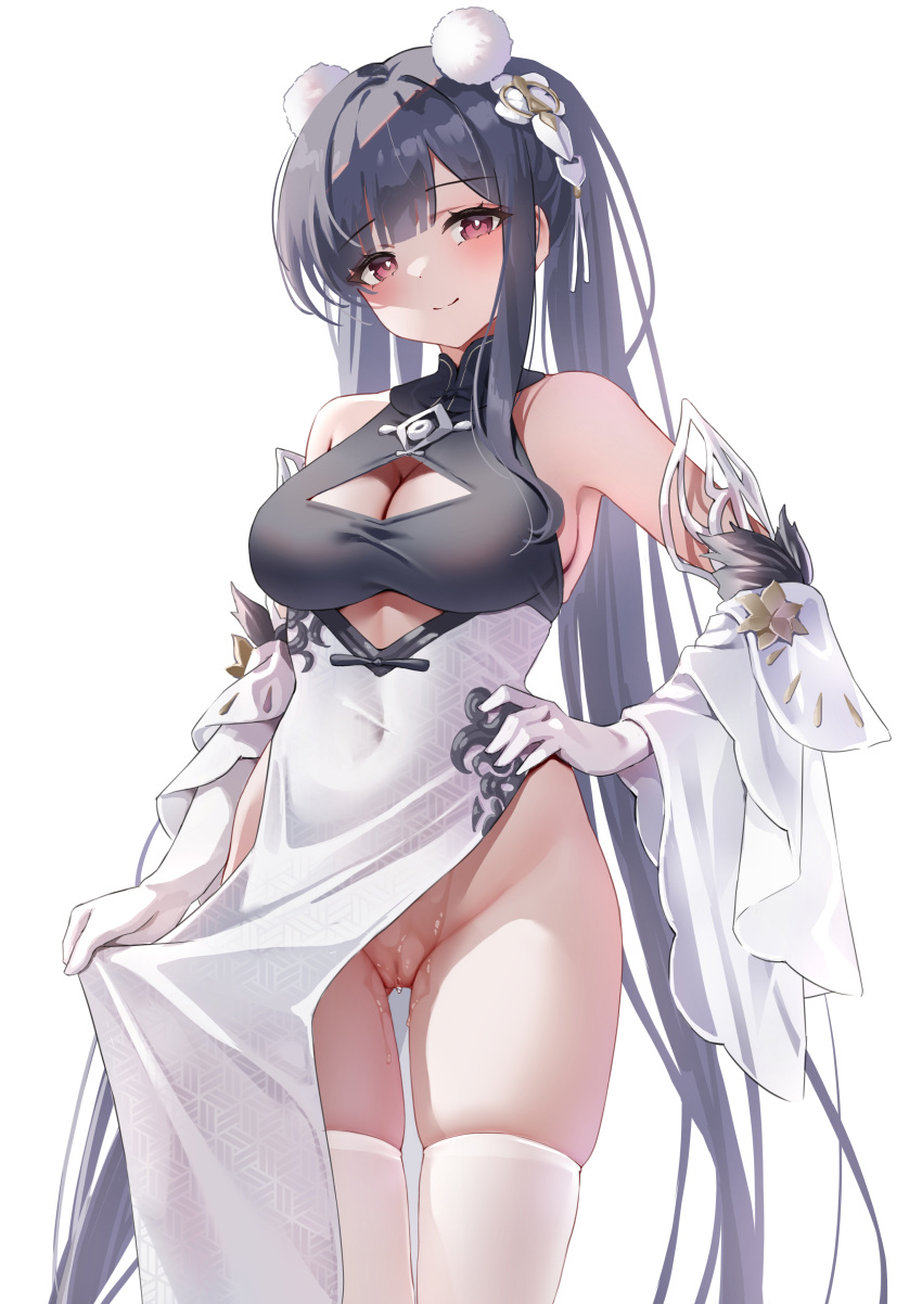 1girl absurdly_long_hair absurdres azur_lane bare_shoulders blush breasts china_dress chinese_clothes classic_(zildjian33) cleavage cleavage_cutout closed_mouth clothes_grab clothing_cutout commentary_request covered_navel cutout_above_navel detached_sleeves dress fanbox_reward gloves hair_ornament hand_on_own_hip highres large_breasts long_hair looking_at_viewer no_panties non-web_source paid_reward pelvic_curtain peter_strasser_(azur_lane) peter_strasser_(lustrous_jade_of_the_golden_house)_(azur_lane) pom_pom_(clothes) pom_pom_hair_ornament red_eyes simple_background smile solo thighhighs thighs twintails very_long_hair white_background white_gloves white_thighhighs wide_sleeves