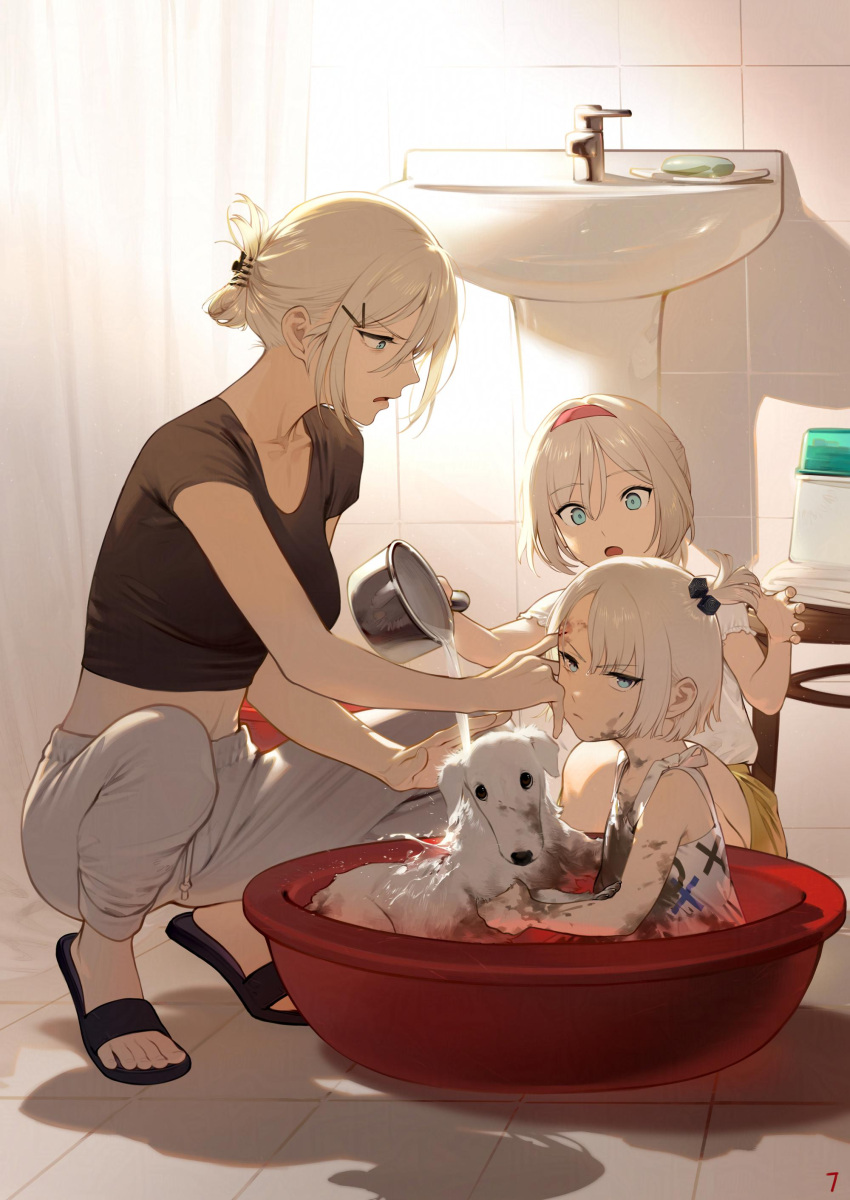 3girls absurdres aged_down ak-12_(girls'_frontline) alternate_hairstyle an-94_(girls'_frontline) bathroom black_shirt blonde_hair dirty dog duoyuanjun girls'_frontline hair_ornament hairclip highres multiple_girls one_side_up pouring_onto_another shaw_(girls'_frontline) shirt short_hair slippers squatting