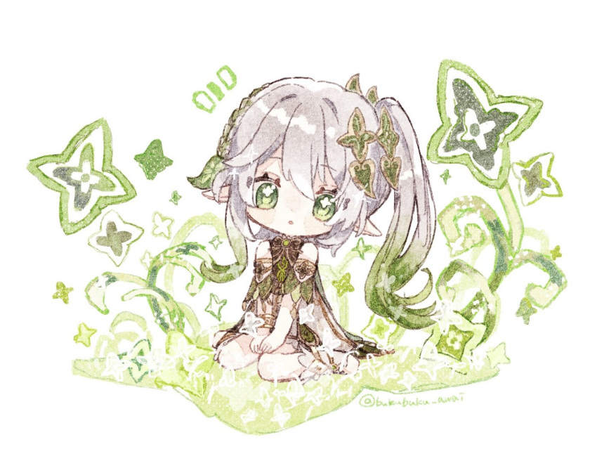 1girl :o artist_name bare_shoulders bloomers blush blush_stickers bracelet braid commentary_request cross-shaped_pupils detached_sleeves dress eyelashes genshin_impact gold_trim gradient_hair green_eyes green_hair green_sleeves hair_between_eyes hair_ornament jewelry leaf_hair_ornament long_hair looking_at_viewer multicolored_hair nahida_(genshin_impact) nekorune_(bukubuku_awai) notice_lines open_mouth plant pointy_ears short_sleeves side_ponytail sidelocks simple_background single_braid sitting sleeveless sleeveless_dress solo symbol-shaped_pupils twitter_username vines wariza white_background white_bloomers white_dress white_hair