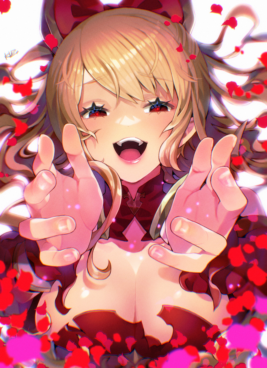 absurdres blonde_hair breasts cleavage flower granblue_fantasy hair_ribbon highres kuzuno_ha looking_at_viewer open_mouth outstretched_hand petals ribbon rose rose_petals torn_clothes vira_(granblue_fantasy) white_background