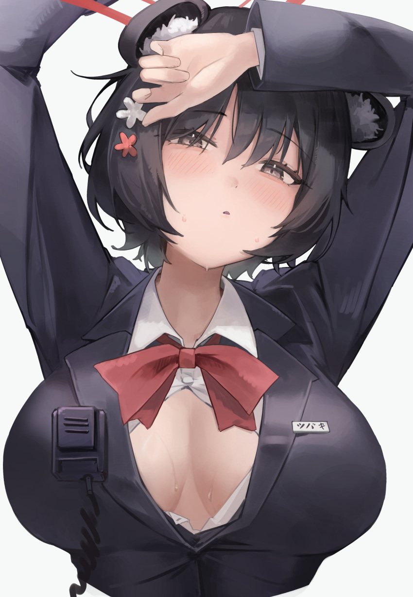 1girl absurdres animal_ears arms_up bear_ears bear_girl black_coat black_hair black_suit blue_archive blush bow bowtie breasts button_gap coat collared_shirt commentary_request grey_eyes highres jun_daniell large_breasts looking_at_viewer official_alternate_costume red_bow red_bowtie shirt short_hair simple_background solo suit sweat tsubaki_(blue_archive) tsubaki_(guide)_(blue_archive) upper_body very_short_hair white_background white_shirt