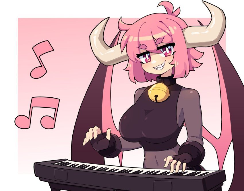 1girl ahoge bell black_gloves border breasts bright_pupils daigada demon_girl demon_horns demon_wings english_commentary fingerless_gloves gloves gradient_background highres horns inset_border instrument keyboard_(instrument) large_breasts looking_at_viewer music musical_note navel neck_bell original pink_background pink_eyes pink_hair playing_instrument sharp_teeth shirt short_hair sleeveless sleeveless_shirt smile solo teeth white_background white_border white_pupils wings