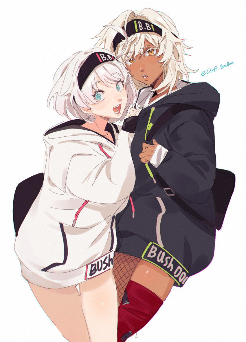 2girls ahoge aqua_eyes black_hairband black_hoodie blonde_hair dark-skinned_female dark_skin elphelt_valentine guilty_gear guilty_gear_strive hair_between_eyes hairband highres hood hoodie huge_ahoge lghz_bandau long_hair long_sleeves looking_at_viewer marui_(company) multiple_girls official_alternate_costume open_mouth orange_eyes ramlethal_valentine red_bandage short_hair simple_background single_fishnet_legwear smile white_hair white_hoodie