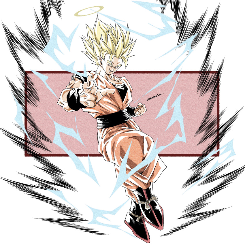 1boy absurdres aura blonde_hair dougi dragon_ball dragon_ball_z electricity fighting_stance full_body halo highres limited_palette male_focus muscular muscular_male noir_illust orange_pants orange_shirt pants sash shirt short_sleeves simple_background sleeveless sleeveless_shirt son_goku spiked_hair super_saiyan super_saiyan_2 toriyama_akira_(style) yellow_halo