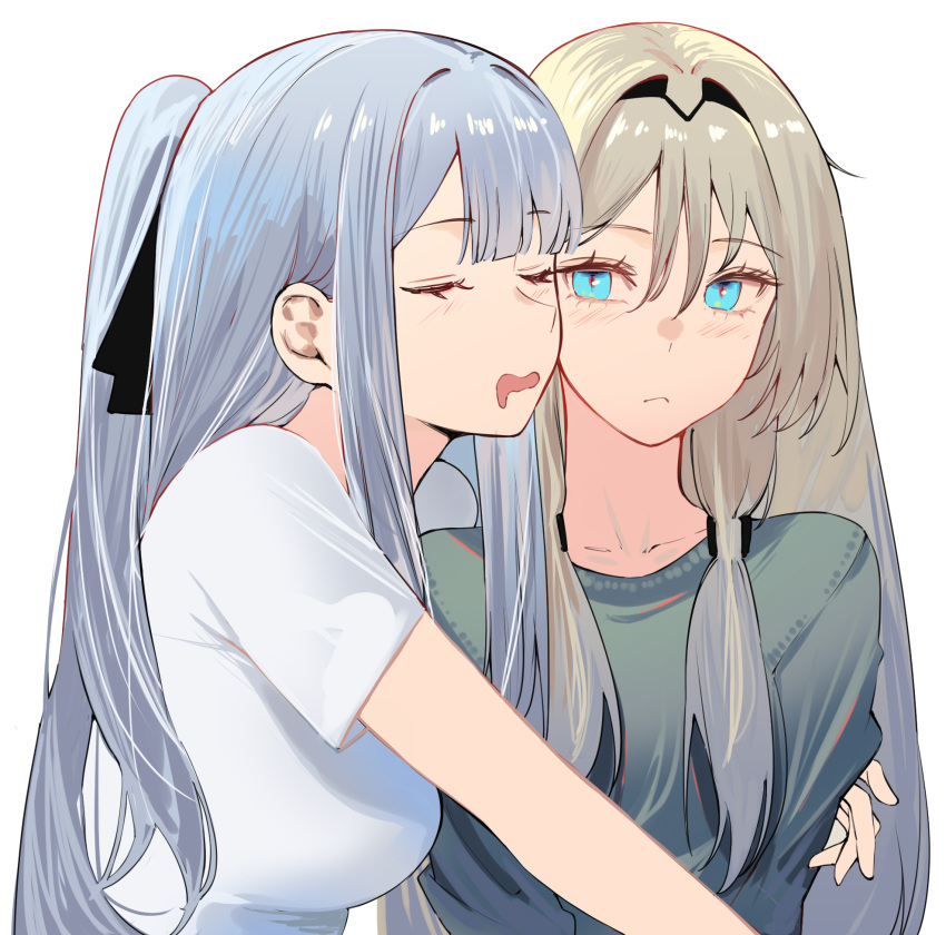 2girls ak-12_(girls'_frontline) an-94_(girls'_frontline) blonde_hair blue_eyes blush breasts closed_eyes closed_mouth drooling girls'_frontline green_shirt grey_hair hair_between_eyes hair_ribbon highres long_hair medium_breasts mouth_drool multiple_girls open_mouth ribbon shirt short_sleeves simple_background sleeping sleeping_on_person talnory upper_body white_background white_shirt