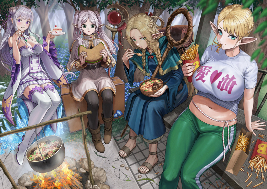 4girls blonde_hair cooking crossover dungeon_meshi elf elf-san_wa_yaserarenai. emilia_(re:zero) erufuda-san highres marcille_donato multiple_crossover multiple_girls pointy_ears re:zero_kara_hajimeru_isekai_seikatsu robe silvertsuki sitting smile sousou_no_frieren trait_connection