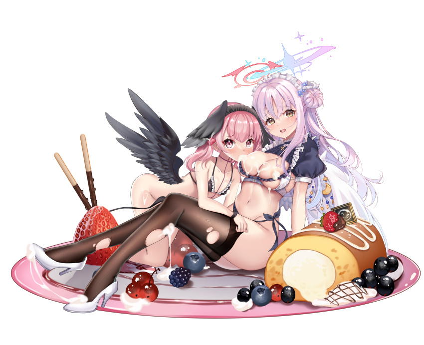 2girls absurdres angel_wings areola_slip bikini black_bikini black_thighhighs black_wings blue_archive blueberry blush bread breasts cherry cream feathered_wings food fruit hair_bun head_wings highres koharu_(blue_archive) large_breasts long_hair lydia601304 mika_(blue_archive) multiple_girls open_mouth pink_eyes pink_hair pocky puffy_short_sleeves puffy_sleeves short_sleeves single_side_bun small_breasts strawberry swimsuit thighhighs torn_clothes torn_thighhighs transparent_background twintails white_wings wings yellow_eyes