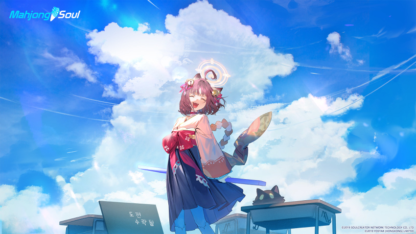 1girl ahoge animal_ears april_fools artist_request bell blue_archive blue_sky cat_ears cat_girl closed_eyes cloud copyright_name crossover day desk hair_bell hair_ornament halo highres holding ichihime japanese_clothes kimono long_sleeves mahjong_soul official_art open_mouth outdoors red_hair ribbon school_desk short_hair sky wide_sleeves