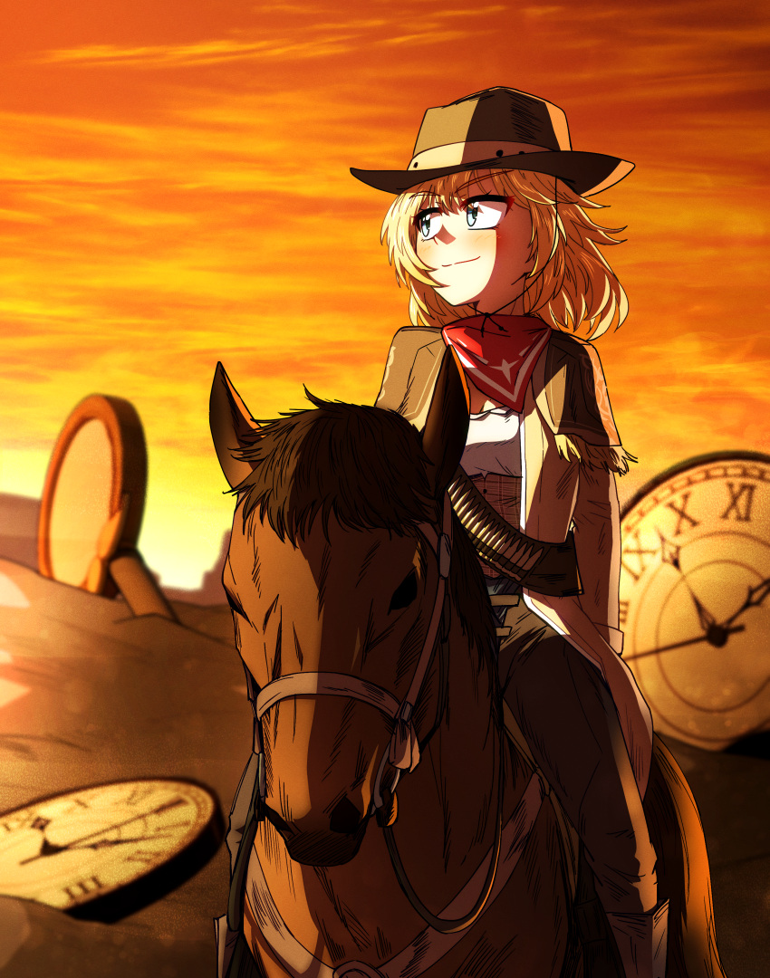 1girl absurdres bandana bandolier blonde_hair blue_eyes blush bob_cut boots brown_capelet brown_coat brown_hat brown_skirt capelet chaps clock closed_mouth coat commentary cowboy_boots cowboy_hat ddolbang desert english_commentary hair_ornament hat high-waist_skirt highres hololive hololive_english horse horseback_riding looking_to_the_side messy_hair outdoors plaid plaid_skirt red_bandana riding shirt short_hair skirt sunset virtual_youtuber watson_amelia watson_amelia_(1st_costume) white_shirt