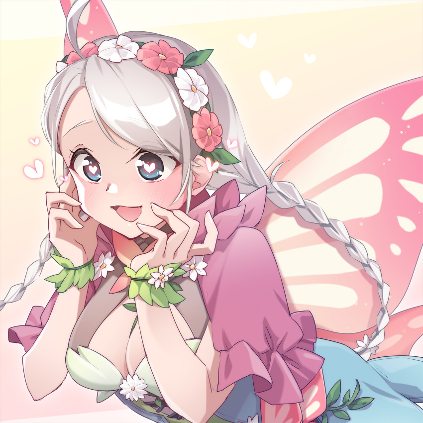 1girl ahoge blue_eyes braid breasts butterfly_wings capelet cleavage commentary_request commission commissioner_upload fairy_wings fire_emblem fire_emblem_fates fire_emblem_heroes flower flower_bracelet fujoshi gradient_clothes green_bracelet hair_vines hands_on_own_face heart heart_in_eye highres insect_wings kishiro_azuhito leaf_bracelet long_hair low_twin_braids nina_(fire_emblem) nina_(resplendent)_(fire_emblem) official_alternate_costume open_mouth parted_bangs pink_capelet pink_flower skeb_commission solo symbol_in_eye twin_braids vine_belt vine_bracelet vine_harness white_flower wings