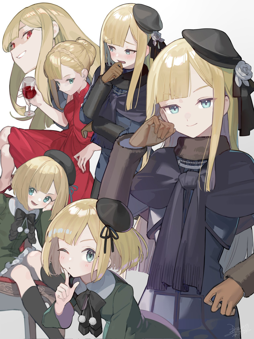 1girl black_bow black_bowtie blonde_hair blue_eyes blush bow bowtie breasts brown_hat dress fate_(series) gloves green_dress hand_up hat highres long_hair long_sleeves looking_at_viewer lord_el-melloi_ii_case_files multiple_views nao_(syn_eaa) red_dress reines_el-melloi_archisorte smile