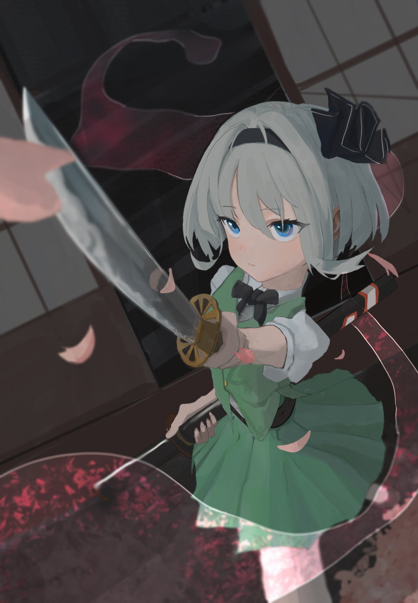 1girl absurdres black_bow black_bowtie black_hairband blue_eyes bow bowtie dholewolf expressionless feet_out_of_frame ghost green_skirt green_vest grey_hair hairband highres holding holding_sword holding_weapon katana konpaku_youmu konpaku_youmu_(ghost) pink_petals reflection shirt short_hair short_sleeves skirt solo sword touhou vest weapon white_shirt