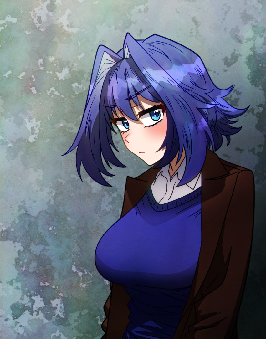 1girl blue_eyes blue_hair blue_sweater breasts brown_coat coat ddolbang expressionless highres hololive hololive_english large_breasts looking_at_viewer ouro_kronii sack shirt short_hair sidelocks solo sweater upper_body virtual_youtuber white_shirt