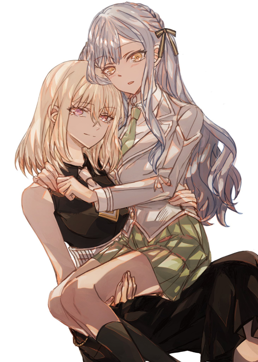 2girls bang_dream! bang_dream!_it's_mygo!!!!! bare_arms black_dress black_ribbon black_socks blonde_hair blue_hair blush carrying chinese_commentary closed_mouth collared_shirt commentary_request dress green_necktie green_skirt grey_jacket hair_ribbon hand_on_another's_thigh hand_on_another's_waist hands_on_another's_shoulders haneoka_school_uniform highres jacket junjun_(kimi-la) long_hair long_sleeves looking_at_viewer medium_hair misumi_uika multiple_girls necktie parted_lips pleated_skirt princess_carry purple_eyes ribbon school_uniform shirt simple_background sitting sitting_on_lap sitting_on_person skirt sleeveless sleeveless_dress smile socks togawa_sakiko white_background white_necktie white_shirt yellow_eyes yuri