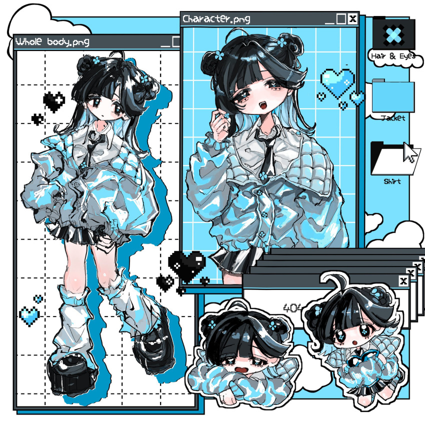 1girl 8xvly black_footwear black_hair black_necktie blue_theme collared_shirt cursor drop_shadow grey_shirt hand_up heart highres multiple_views necktie no_nose open_mouth original shirt shoes window_(computing)