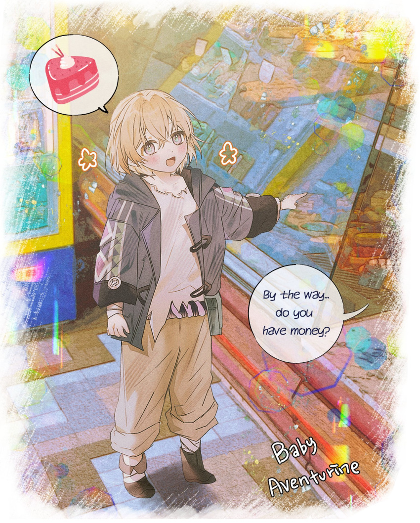 1boy aged_down aventurine_(honkai:_star_rail) bandaged_arm bandages blonde_hair dongurikaka english_text food full_body hair_between_eyes highres honkai:_star_rail honkai_(series) hood hoodie long_sleeves multicolored_eyes open_mouth shirt short_hair speech_bubble standing torn_clothes torn_shirt