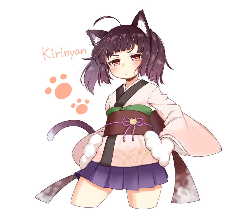 1girl :/ animal_ears animal_hands black_hair blunt_bangs blush brown_kimono cat_ears cat_tail closed_mouth cropped_legs floating_hair glaring gloves god_razor half-closed_eyes hands_on_own_hips highres japanese_clothes kemonomimi_mode kimono long_sleeves looking_at_viewer medium_hair obi obiage obijime paw_gloves paw_print pleated_skirt pun purple_skirt red_eyes sash short_kimono simple_background skirt solo tail touhoku_kiritan twintails v-shaped_eyebrows voiceroid white_background wide_sleeves