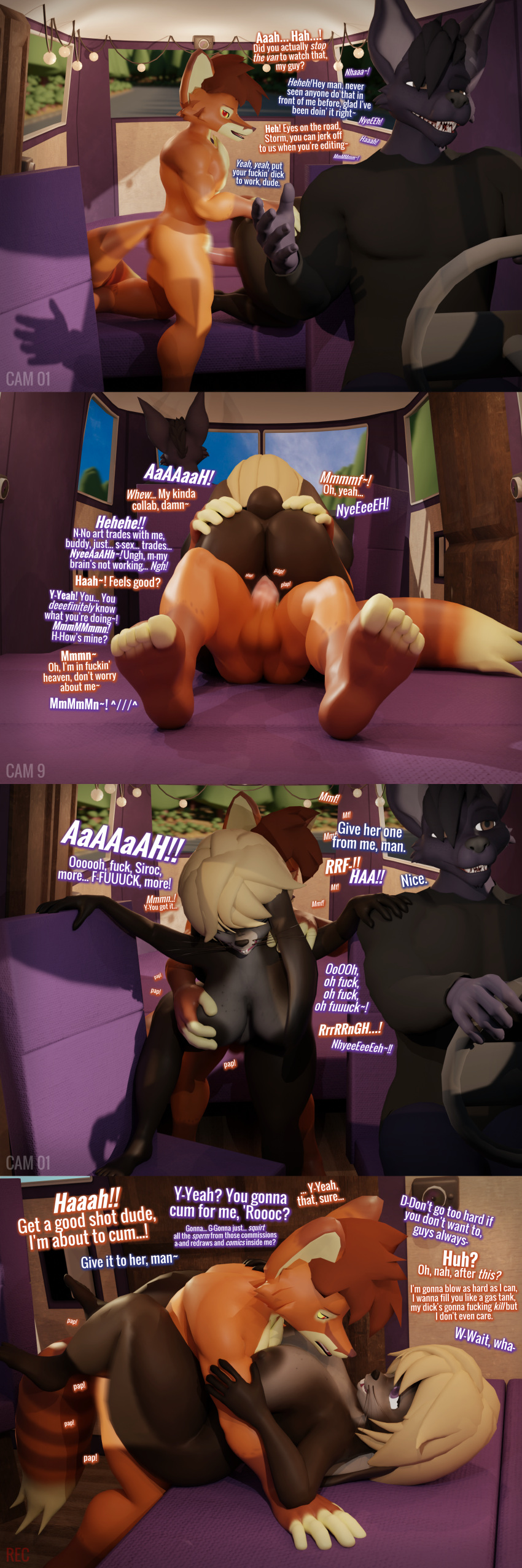 1:3 3d_(artwork) absurd_res anthro big_breasts big_butt breasts butt canid canine comic cowgirl_position dialogue digital_media_(artwork) driving emily_(moorsheadfalling) english_text female from_front_position genitals hi_res lagomorph leporid male mammal medium_truck moorsheadfalling nude on_bottom on_top penetration penis profanity rabbit sex siroc_(character) storm_(moorsheadfalling) survaan_(moorsheadfalling) text truck_(vehicle) vaginal vaginal_penetration van vehicle