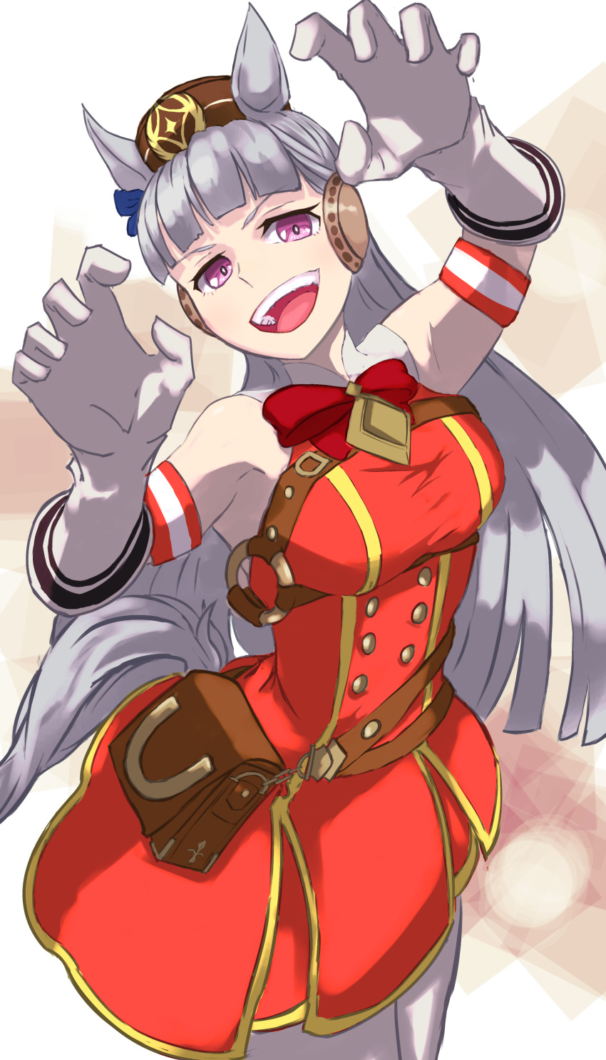 1girl :d absurdres animal_ears blue_bow blunt_bangs bow bowtie claw_pose dress ear_bow gloves gold_ship_(umamusume) grey_hair highres horse_ears horse_girl horse_tail long_hair looking_at_viewer pillbox_hat purple_eyes red_bow red_bowtie red_dress satisfy027 sleeveless sleeveless_dress smile solo tail umamusume white_gloves