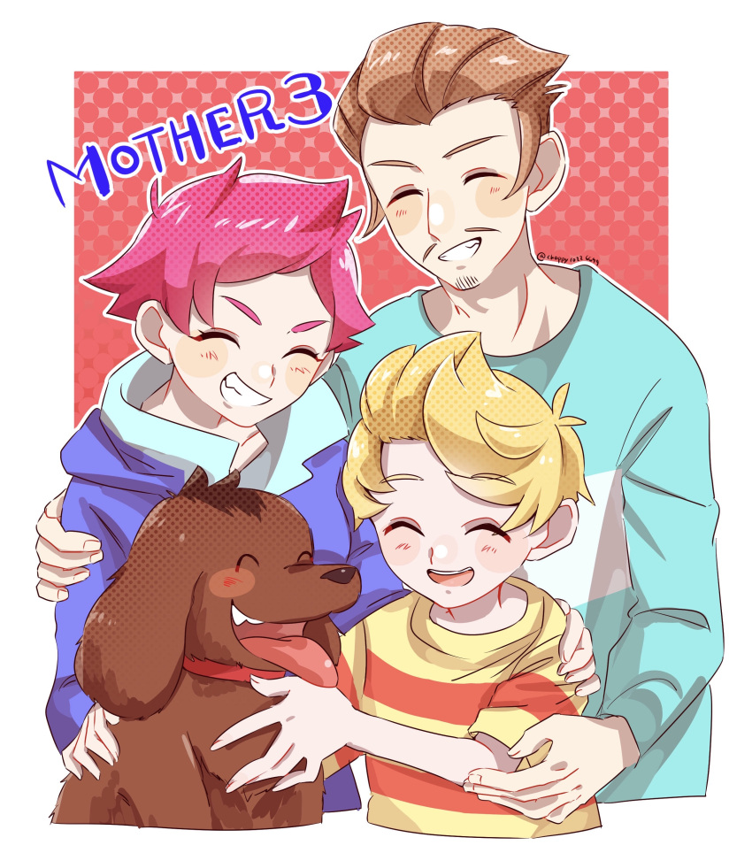 1girl 2boys absurdres blonde_hair blush boney brown_dog brown_hair copyright_name cyappy1022 dog duster_(mother) facial_hair highres hood hooded_dress hoodie kumatora lucas_(mother_3) mother_(game) mother_3 multiple_boys open_mouth pink_hair shirt short_hair smile striped_clothes striped_shirt