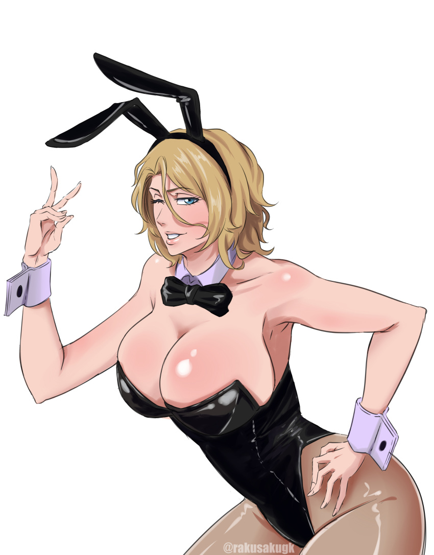 ;) absurdres animal_ears black_bow black_bowtie black_leotard bleach bleach:_sennen_kessen-hen blonde_hair blue_eyes bow bowtie breasts brown_pantyhose cleavage detached_collar fake_animal_ears hand_on_own_hip hand_up highleg highleg_leotard highres large_breasts leotard long_hair_between_eyes looking_at_viewer matsumoto_rangiku one_eye_closed pantyhose parted_lips playboy_bunny rabbit_ears rakusakugk short_hair smile solo traditional_bowtie v white_background white_wrist_cuffs wrist_cuffs