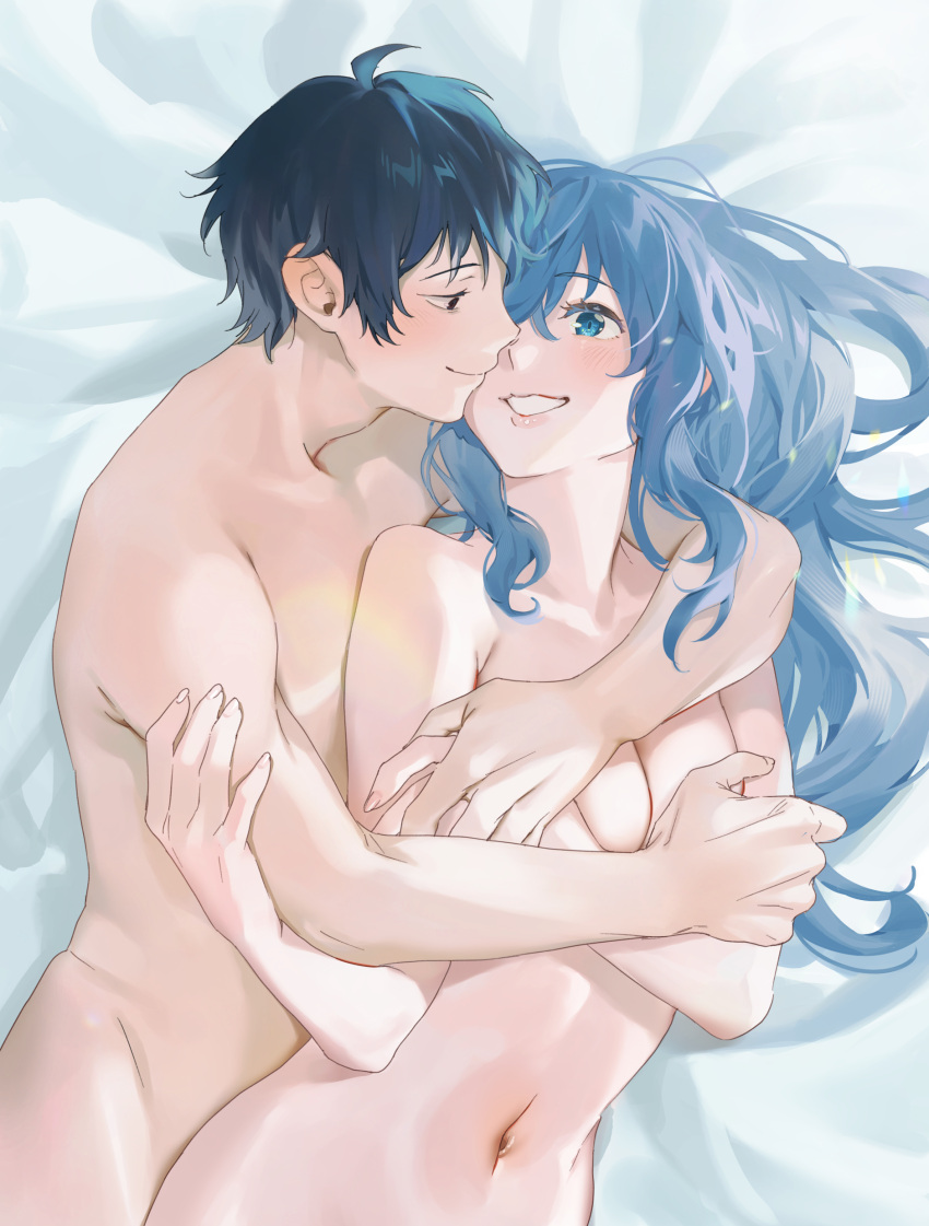 1boy 1girl :d absurdres bed_sheet black_eyes black_hair blue_eyes blue_hair blush breasts cleavage closed_mouth collarbone commission completely_nude couple eye_contact from_above grin highres hug hug_from_behind jaku-chara_tomozaki-kun long_hair looking_at_another lying medium_breasts nanami_minami navel nude on_back on_bed parted_lips pixiv_commission short_hair smile sunao_(souis) tomozaki_fumiya upper_body