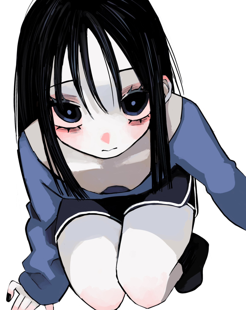 1girl black_eyes black_hair black_nails blue_shirt breasts closed_mouth dolphin_shorts downblouse highres long_hair long_sleeves looking_at_viewer nail_polish original pale_skin shirt short_shorts shorts simple_background small_breasts solo squatting straight_hair urokogaran white_background