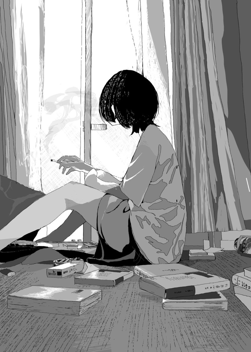 1girl bob_cut book cigarette facing_away from_side greyscale highres holding holding_cigarette knees_up kyohai_9 monochrome on_floor open_window original shirt short_hair shorts sitting smoke smoking solo tatami window