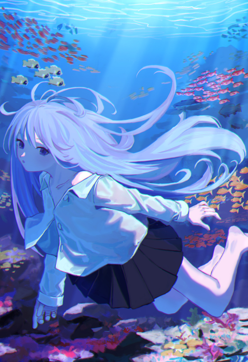 1girl :o bare_legs barefoot black_skirt blue_eyes chromatic_aberration collarbone collared_shirt conari denpa_onna_to_seishun_otoko fish freediving highres long_hair long_sleeves looking_at_viewer off_shoulder parted_lips pleated_skirt purple_eyes shirt skirt solo sunlight swimming touwa_erio underwater very_long_hair white_hair white_shirt