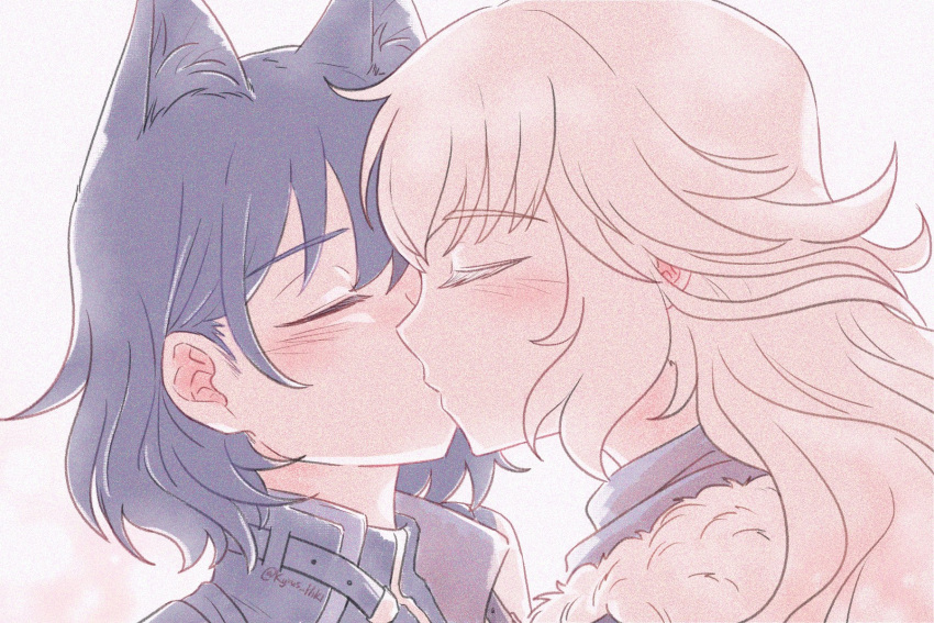 2girls animal_ears black_hair blake_belladonna blonde_hair blush cat_ears closed_eyes commentary english_commentary highres kiss kyrus_hiki long_hair multiple_girls portrait rwby short_hair twitter_username yang_xiao_long yuri