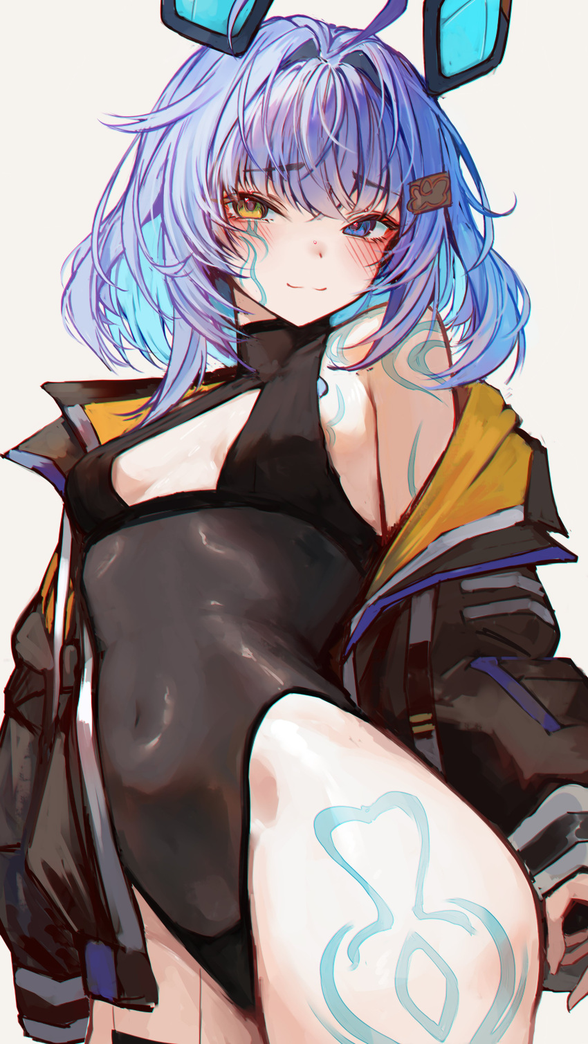 1girl :3 absurdres ahoge animal_ears black_jacket black_leotard blue_eyes blue_hair blush breast_tattoo breasts cleavage_cutout closed_mouth clothing_cutout commentary covered_navel facial_tattoo fake_animal_ears hair_intakes hair_ornament hairclip hetero highres hip_tattoo indie_virtual_youtuber jacket leotard light_blue_hair light_smile looking_at_viewer medium_hair naokomama navel open_clothes open_jacket sayu_sincronisity shoulder_tattoo simple_background single_off_shoulder small_breasts solo standing tattoo turtleneck_leotard virtual_youtuber white_background yellow_eyes